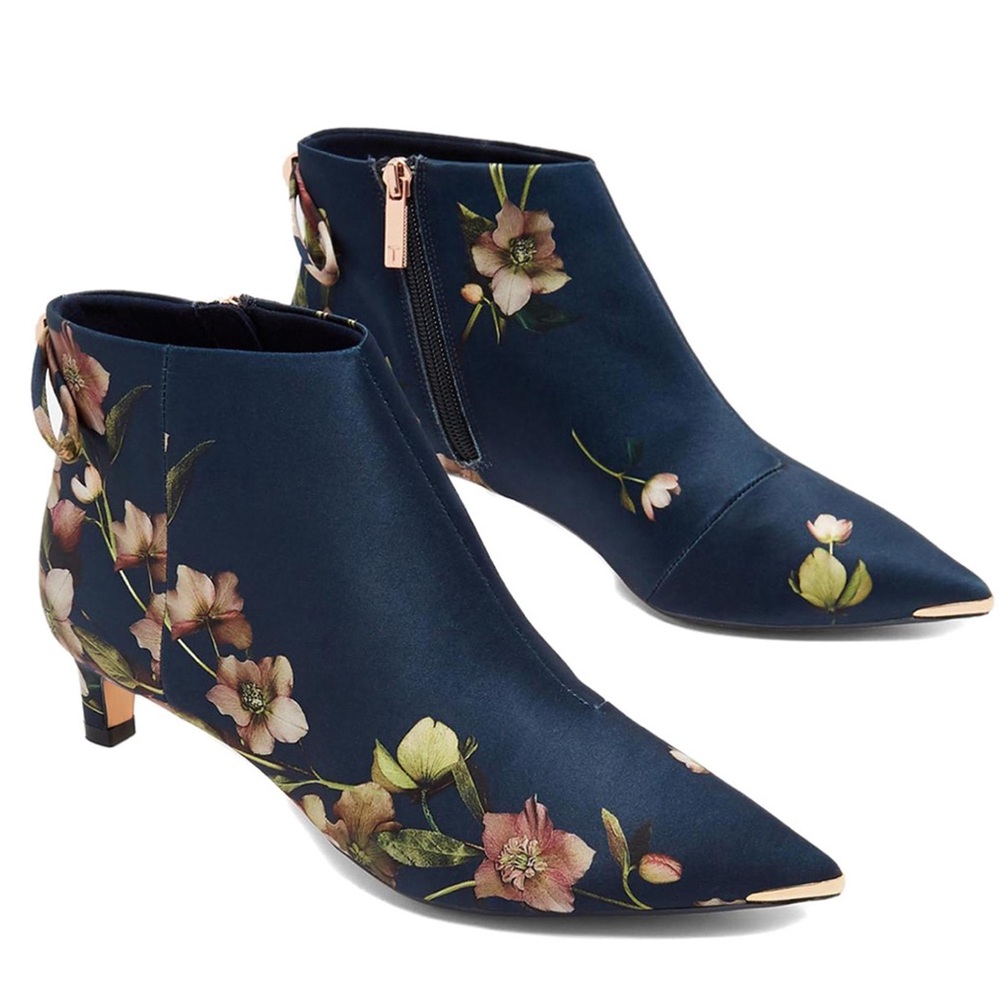 Ted Baker Navy Blue Floral Rose Gold Metal Tip Ankle Boots